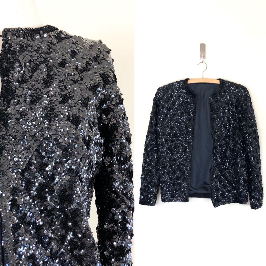 Vintage 1950s Black Sequins Cardigan 50s Glitter Jacket Sweater Cocktail Glitter